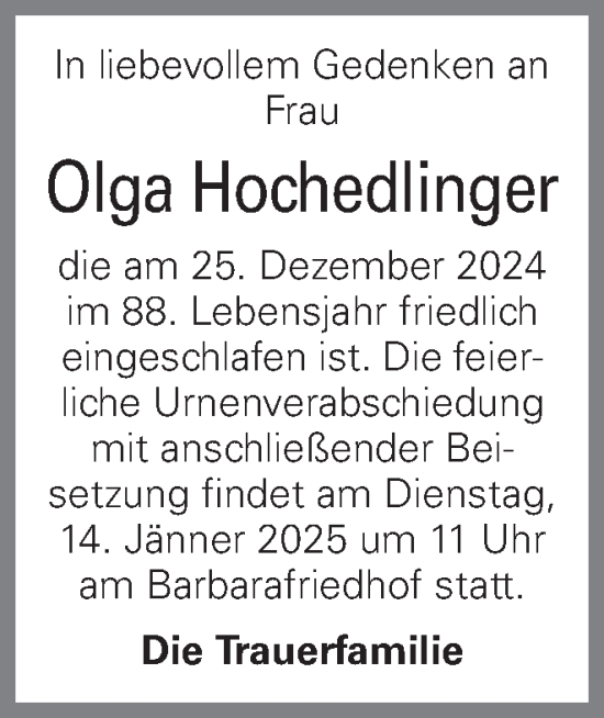 Traueranzeige von Olga Hochedlinger von OÖNachrichten