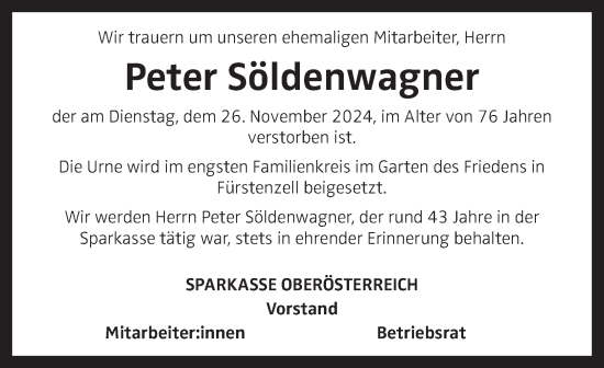Traueranzeige von Peter Söldenwagner von OÖNachrichten