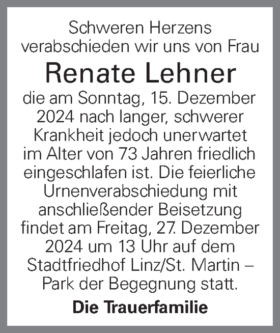 Traueranzeige von Renate Lehner von OÖNachrichten