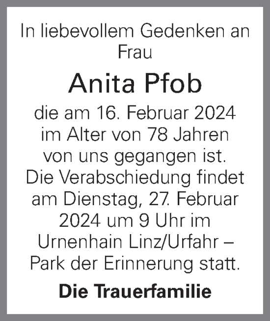 Traueranzeige von Anita Pfob von OÖNachrichten