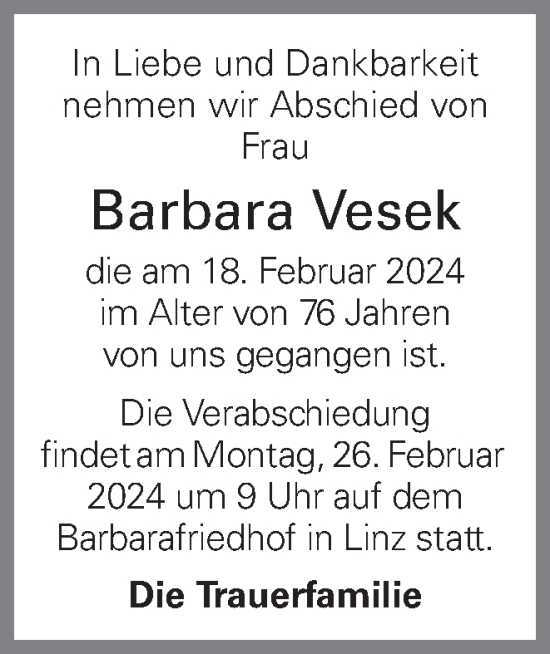 Traueranzeige von Barbara Vesek von OÖNachrichten