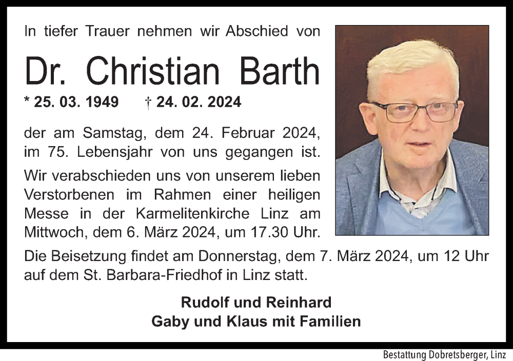  Traueranzeige für Christian Barth vom 29.02.2024 aus OÖNachrichten