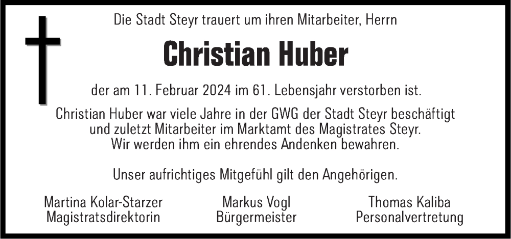  Traueranzeige für Christian Huber vom 21.02.2024 aus OÖNachrichten