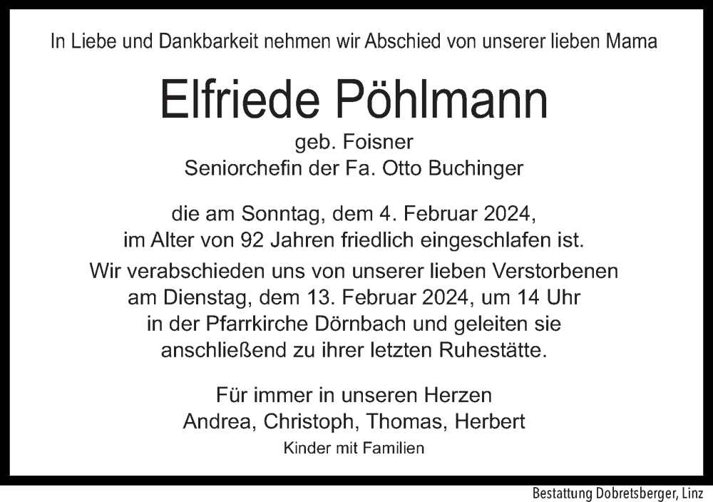  Traueranzeige für Elfriede Pöhlmann vom 09.02.2024 aus OÖNachrichten