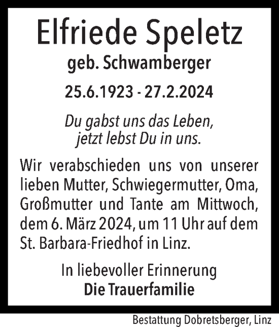 Traueranzeige von Elfriede Speletz von OÖNachrichten