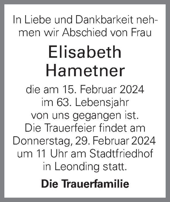 Traueranzeige von Elisabeth Hametner von OÖNachrichten