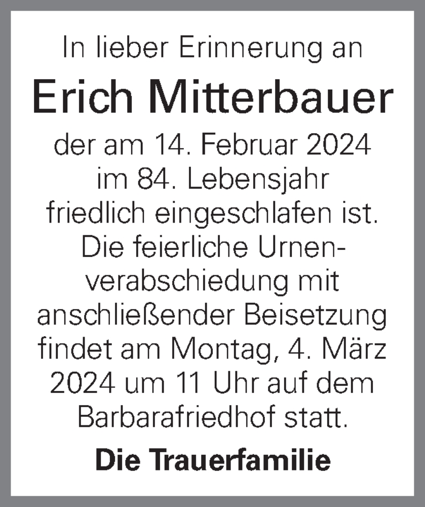  Traueranzeige für Erich Mitterbauer vom 23.02.2024 aus OÖNachrichten