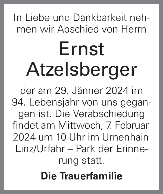 Traueranzeige von Ernst Atzelsberger von OÖNachrichten