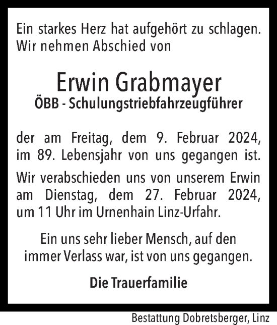 Traueranzeige von Erwin Grabmayer von OÖNachrichten