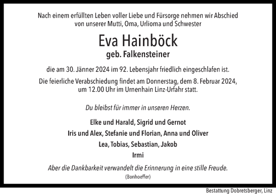 Traueranzeige von Eva Hainböck von OÖNachrichten