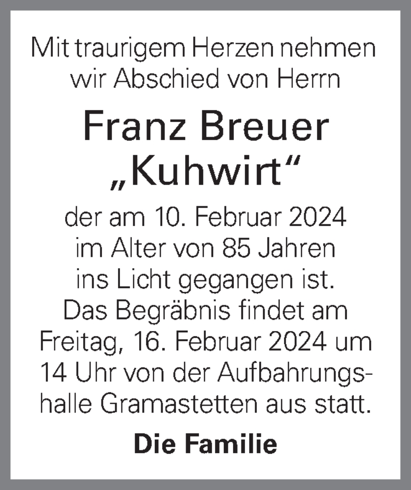  Traueranzeige für Franz Breuer vom 13.02.2024 aus OÖNachrichten