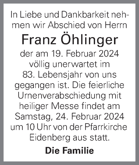 Traueranzeige von Franz Öhlinger von OÖNachrichten