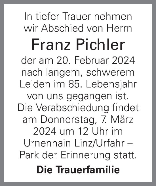 Traueranzeige von Franz Pichler von OÖNachrichten