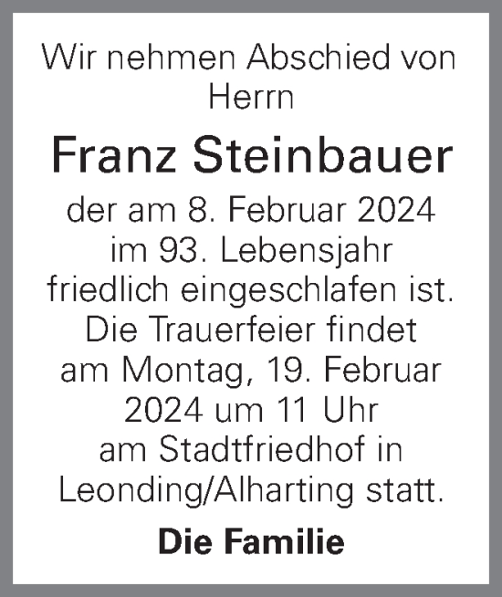 Traueranzeige von Franz Steinbauer von OÖNachrichten