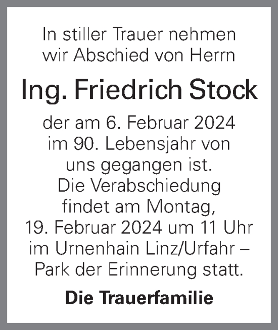 Traueranzeige von Friedrich Stock von OÖNachrichten