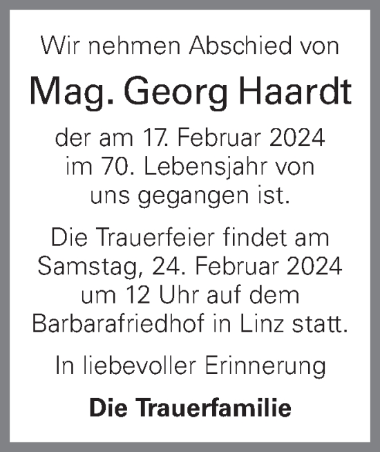 Traueranzeige von Georg Haardt von OÖNachrichten