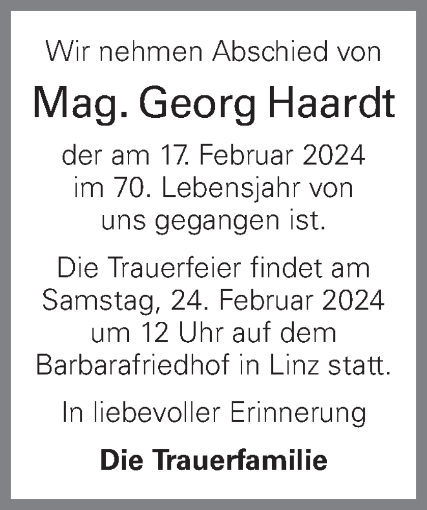  Traueranzeige für Georg Haardt vom 22.02.2024 aus OÖNachrichten