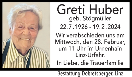 Traueranzeige von Greti Huber von OÖNachrichten