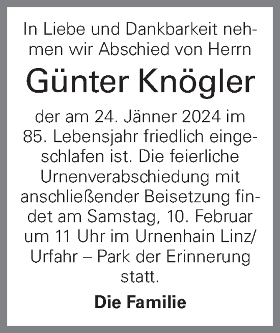 Traueranzeige von Günter Knögler von OÖNachrichten