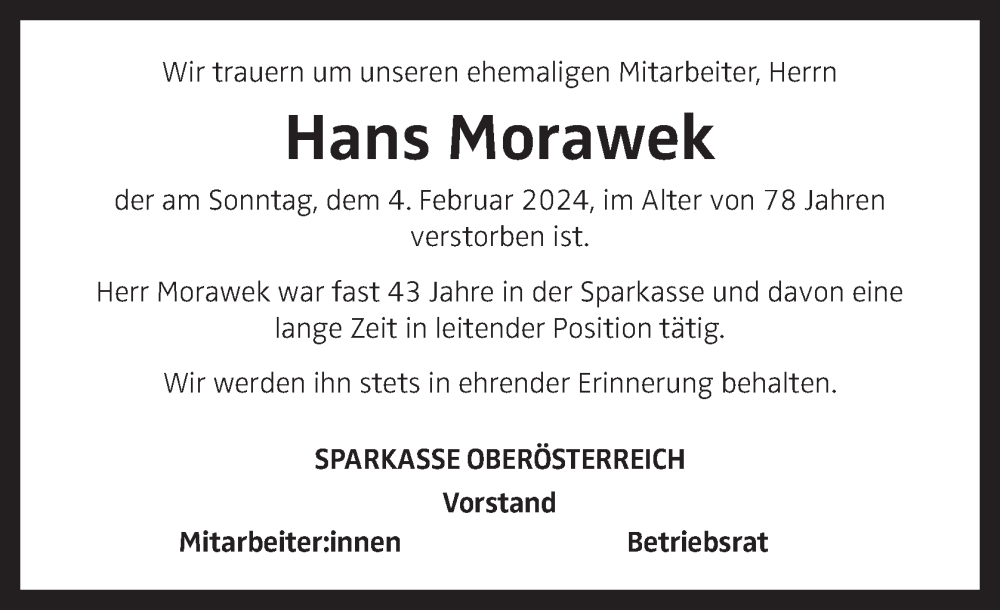  Traueranzeige für Hans Morawek vom 13.02.2024 aus OÖNachrichten