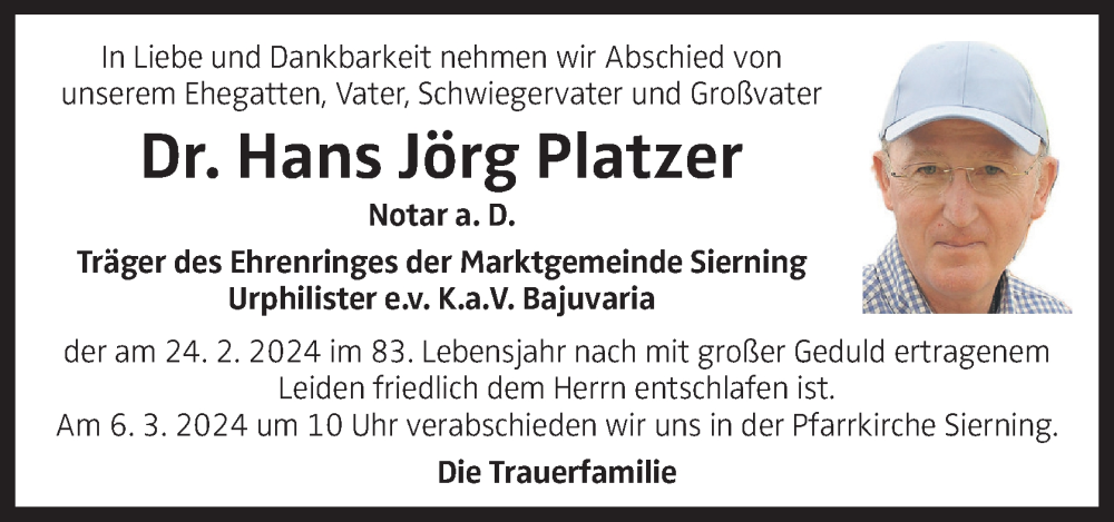  Traueranzeige für Hans Jörg Platzer vom 28.02.2024 aus OÖNachrichten