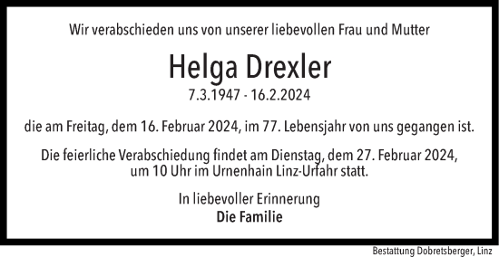 Traueranzeige von Helga Drexler von OÖNachrichten