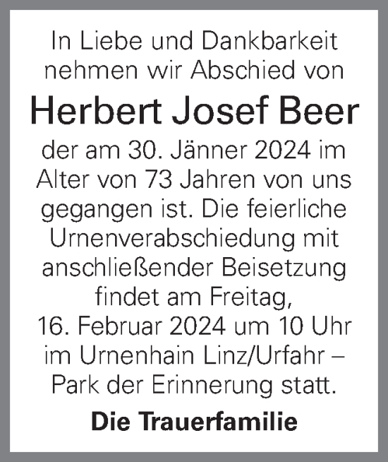 Traueranzeige von Herbert Josef Beer von OÖNachrichten