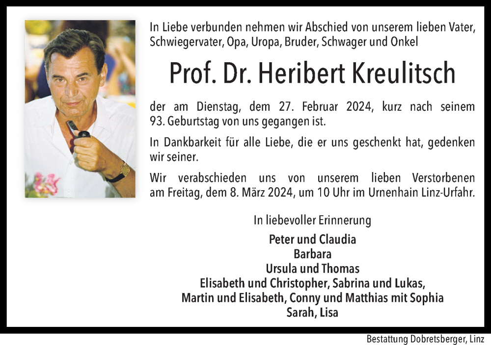  Traueranzeige für Heribert Kreulitsch vom 29.02.2024 aus OÖNachrichten
