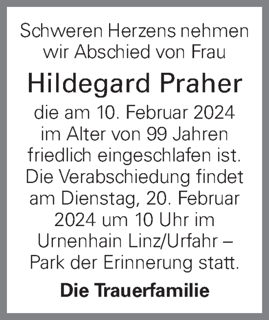 Traueranzeige von Hildegard Praher von OÖNachrichten