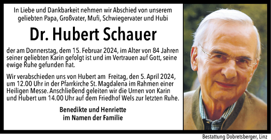 Traueranzeige von Hubert Schauer von OÖNachrichten