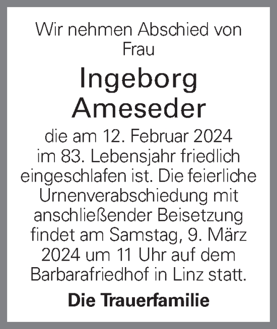 Traueranzeige von Ingeborg Ameseder von OÖNachrichten