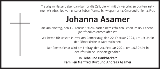 Traueranzeige von Johanna Asamer von OÖNachrichten