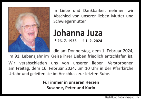 Traueranzeige von Johanna Juza von OÖNachrichten