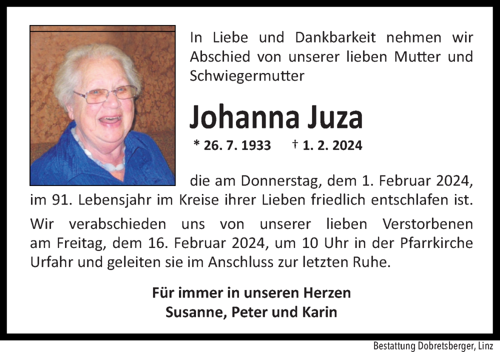  Traueranzeige für Johanna Juza vom 05.02.2024 aus OÖNachrichten