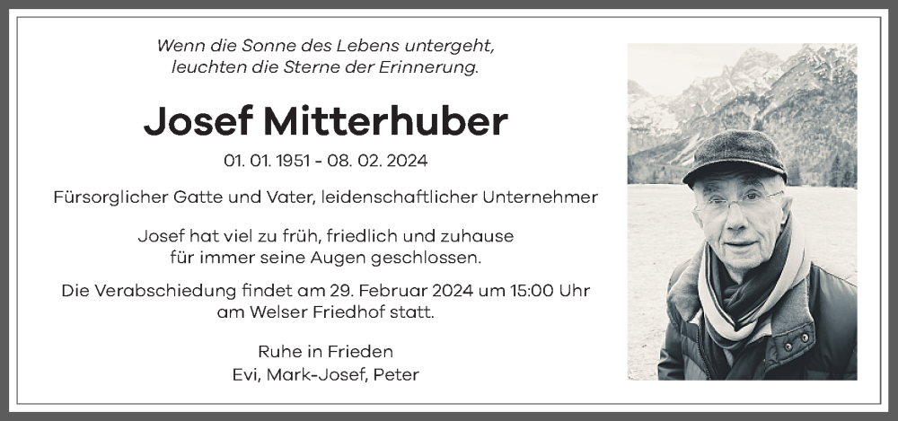  Traueranzeige für Josef Mitterhuber vom 19.02.2024 aus OÖNachrichten