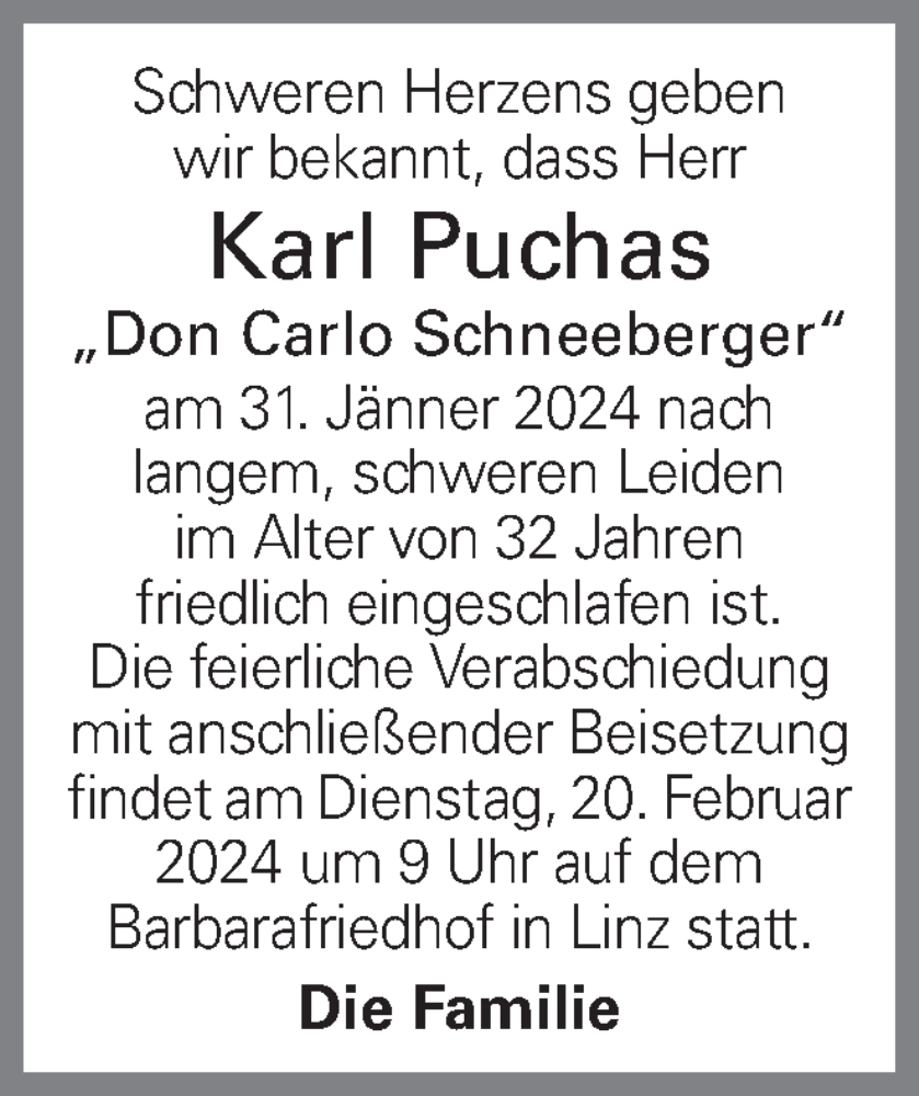  Traueranzeige für Karl Puchas vom 05.02.2024 aus OÖNachrichten