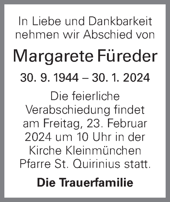 Traueranzeige von Margarete Füreder von OÖNachrichten