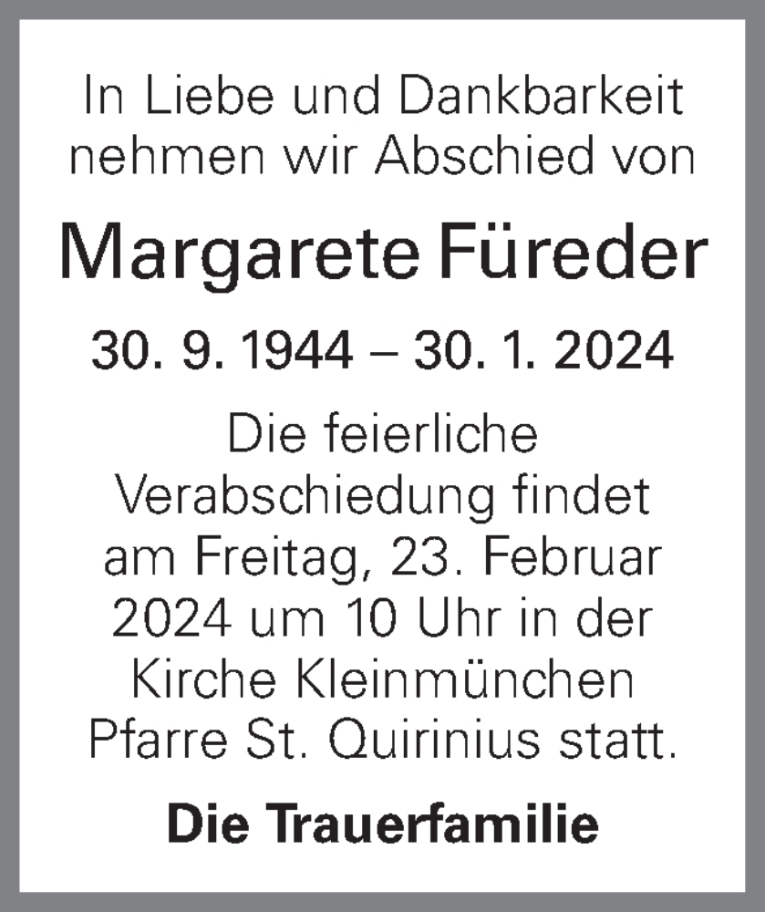  Traueranzeige für Margarete Füreder vom 08.02.2024 aus OÖNachrichten