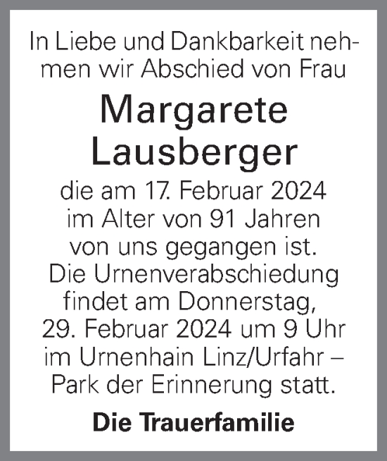 Traueranzeige von Margarete Lausberger von OÖNachrichten