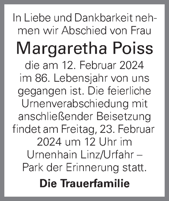 Traueranzeige von Margaretha Poiss von OÖNachrichten