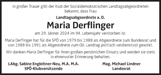 Traueranzeige von Maria Derflinger von OÖNachrichten