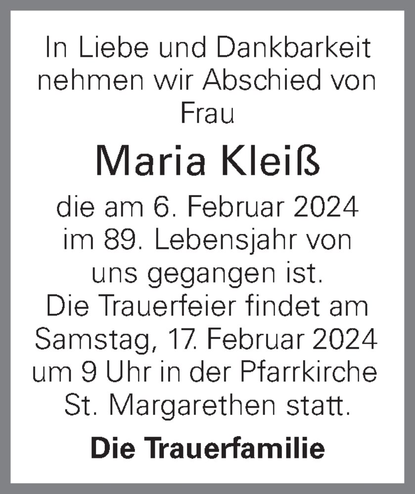  Traueranzeige für Maria Kleiß vom 09.02.2024 aus OÖNachrichten