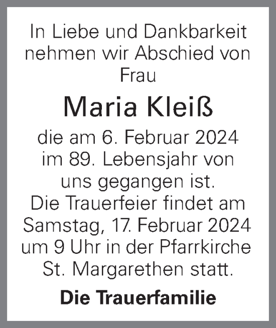 Traueranzeige von Maria Kleiß von OÖNachrichten