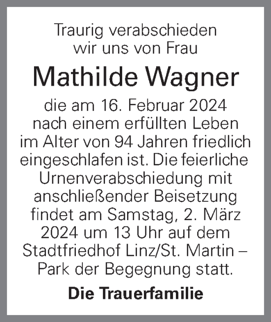 Traueranzeige von Mathilde Wagner von OÖNachrichten