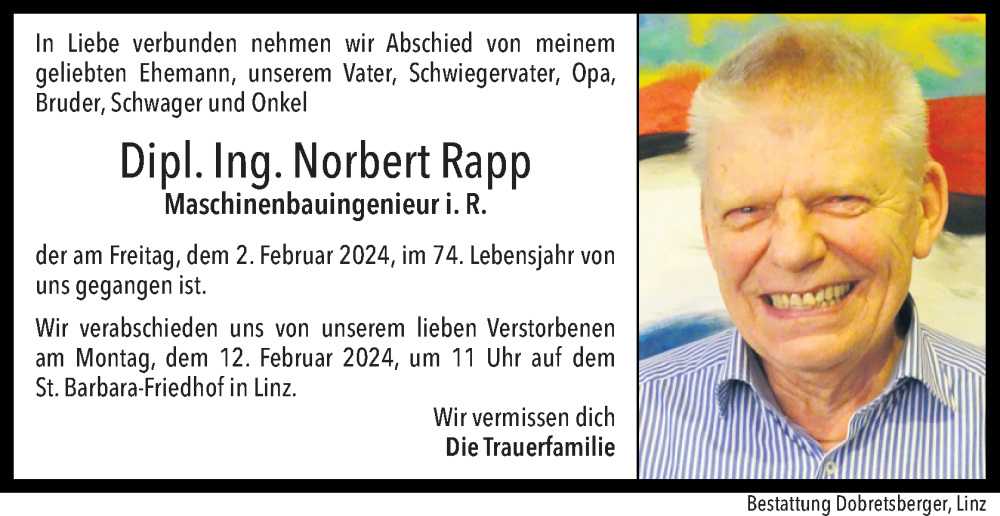  Traueranzeige für Norbert Rapp vom 05.02.2024 aus OÖNachrichten