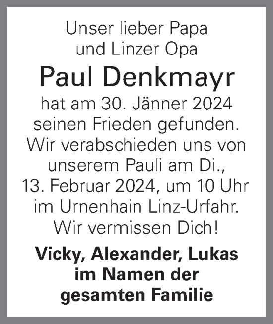 Traueranzeige von Paul Denkmayr von OÖNachrichten