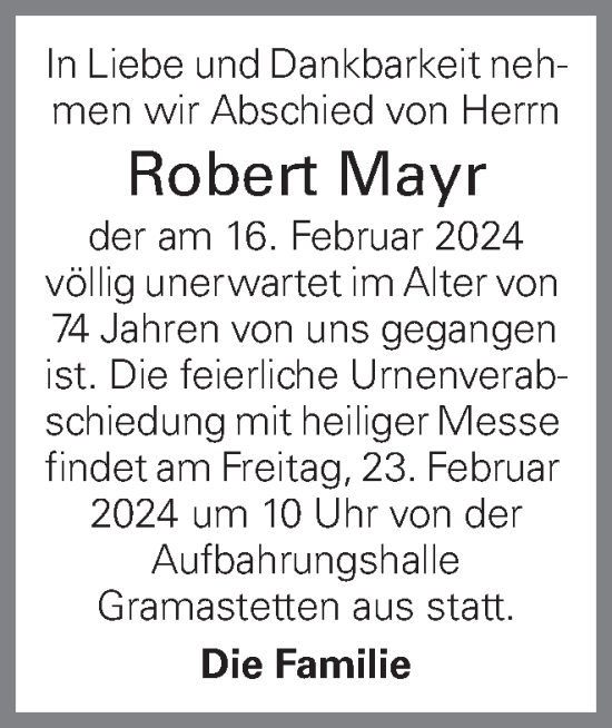 Traueranzeige von Robert Mayr von OÖNachrichten