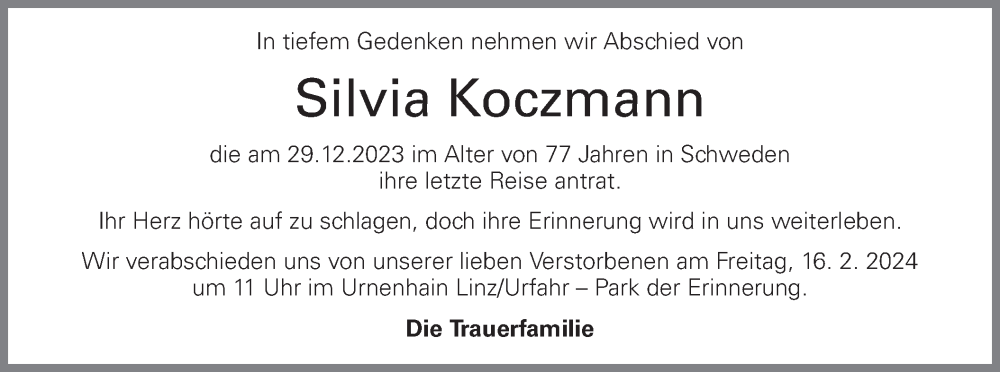  Traueranzeige für Silvia Koczmann vom 13.02.2024 aus OÖNachrichten