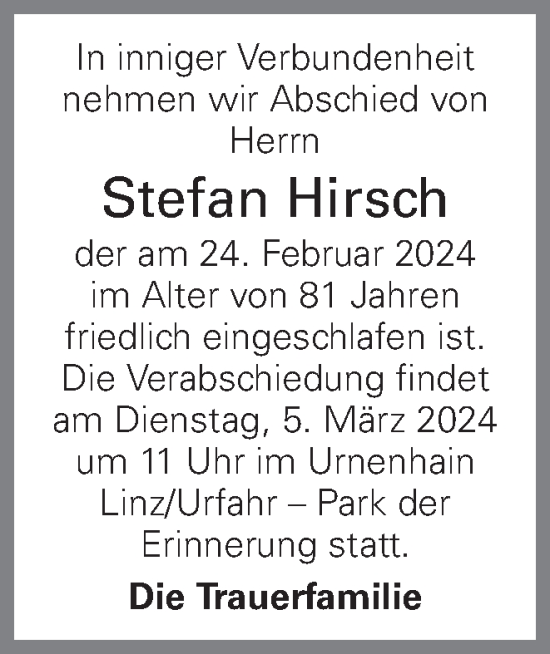 Traueranzeige von Stefan Hirsch von OÖNachrichten