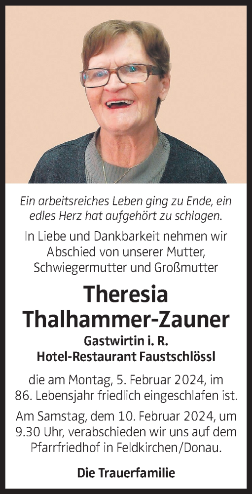 Traueranzeige von Theresia Thalhammer-Zauner von OÖNachrichten